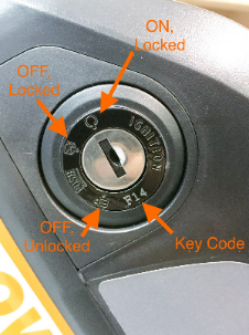 the key port on a Rad External Battery Pack with arrows pointing to the different positions that a key can be in